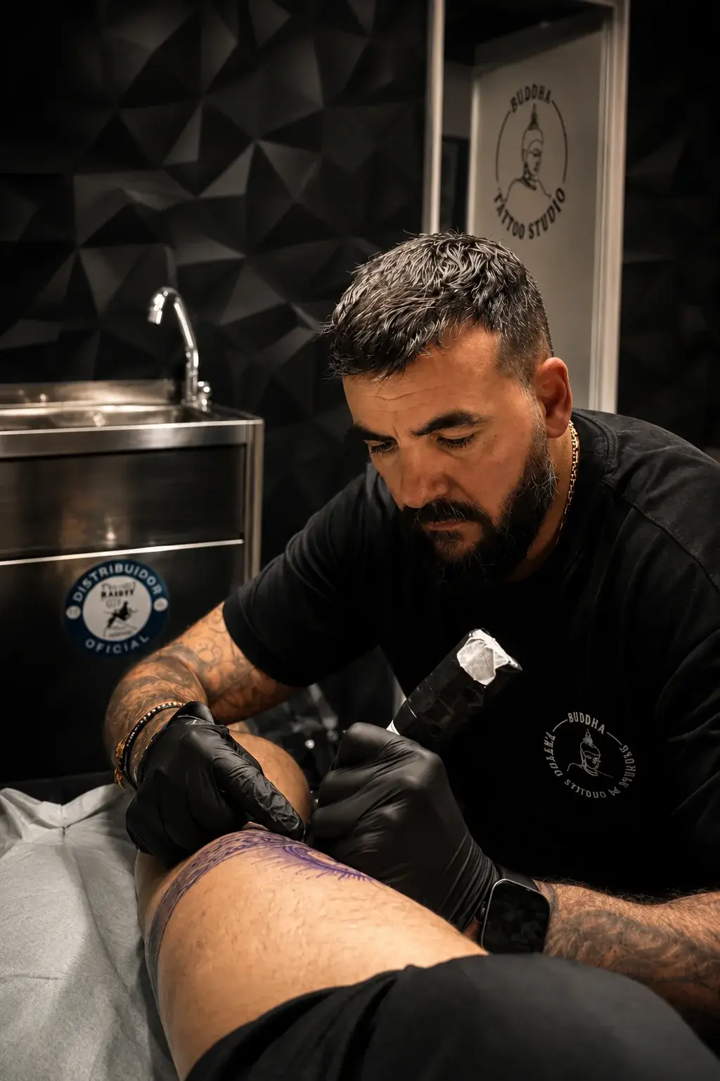 Dany tatuando en Buddha Tattoo Vallecas